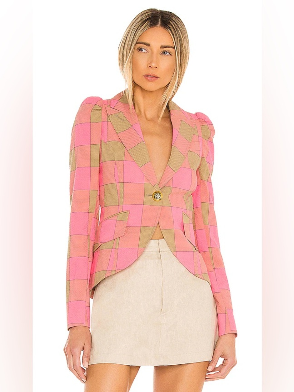 Smythe Pouf Sleeve One Button Blazer in Pink Check 4